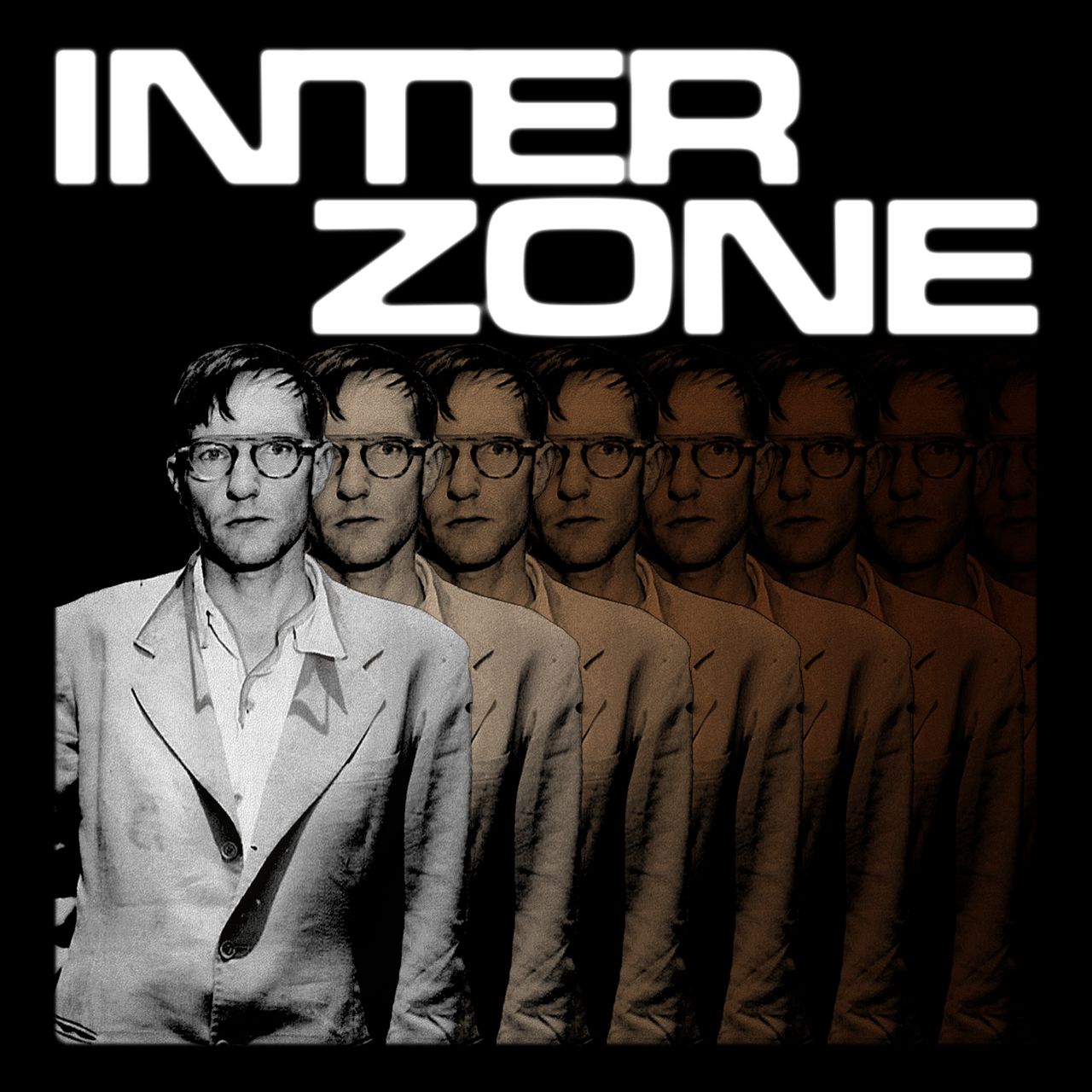 A manipulated image of William S. Burroughs below the text "INTER ZONE"